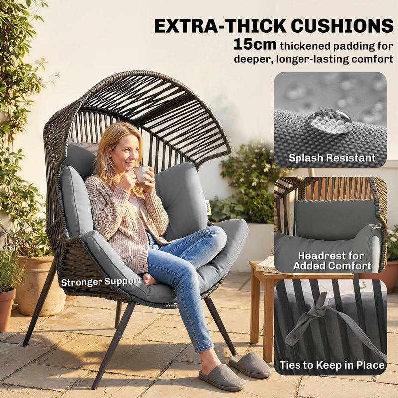 Outsunny - Wicker Egg Chair, Indoor Outdoor Rattan Lounge Chair with Thick Cushion and Headrest, Steel Frame, Adjustable Pads, Grey