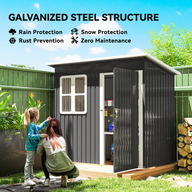 7' x 4' Galvanised Steel Outdoor Storage Shed, Garden Shed with Window, Lockable Wide Door and Air Vents, Dark Grey