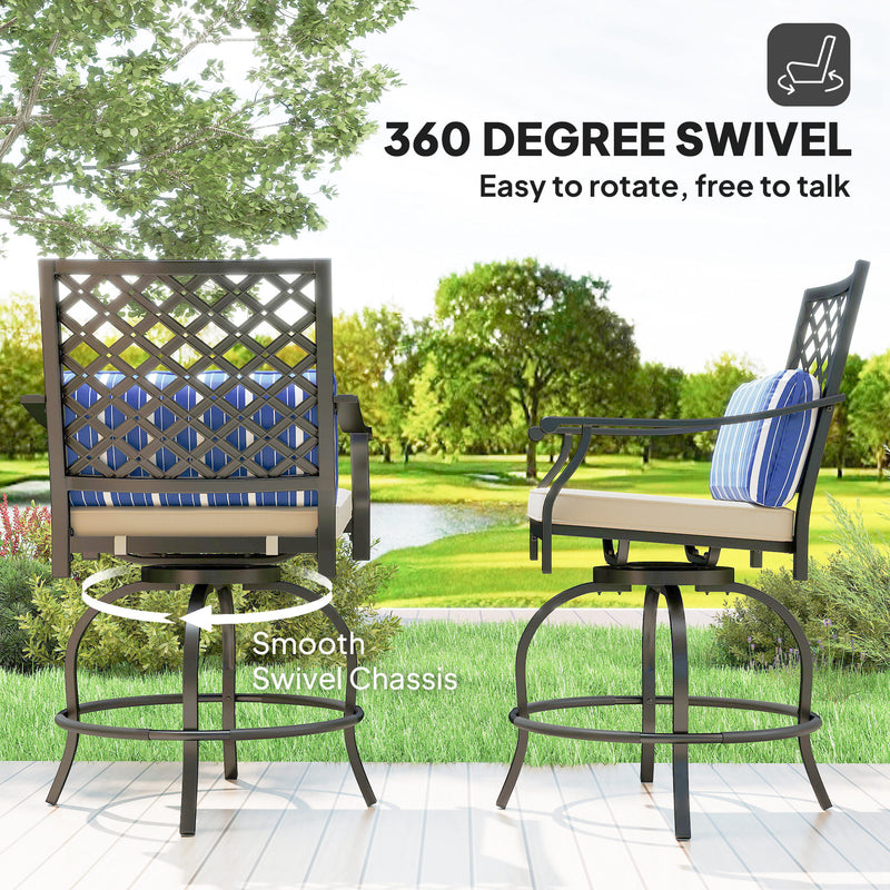 Outsunny - Outdoor Bar Stools Set of 2, Bar Height Swivel Patio Chairs with Cushion, Pillow Footrest for Poolside, Backyard