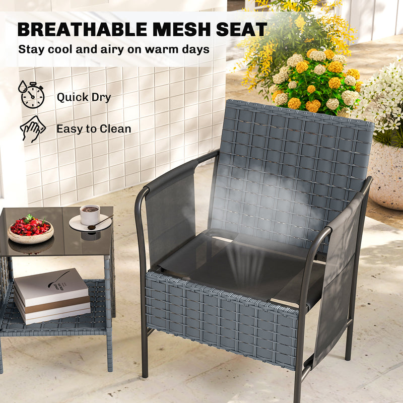 Outsunny - 3 Piece Wicker Patio Furniture Set, Outdoor Bistro Set, Side Pockets, Mesh Seat, 2 Tier Glass Table, Cushions, Black