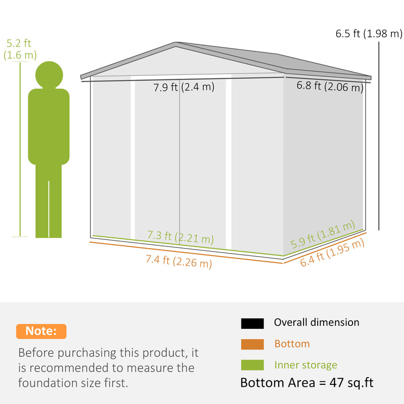 8' x 7' Outdoor Storage Shed, Galvanized Steel Metal Garden Shed with Lockable Doors, Floor Frame, Vents, Lock and Gloves for Backyard, Lawn, Patio, Teak