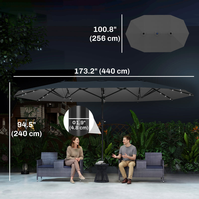 Outsunny - 173" Double-Sided Sun Umbrella Garden Parasol Patio Sun Shade Outdoor with LED Solar Light, No Base Included, Dark Grey — 84D-106CG