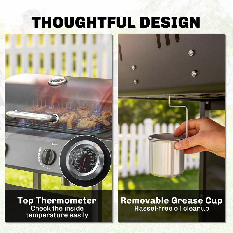 Outsunny - 2-Burner Propane Gas Grill, 18000 BTU BBQ Grill with Wheels, Warming Rack, Shelf, Thermometer, Grease Cup, Black