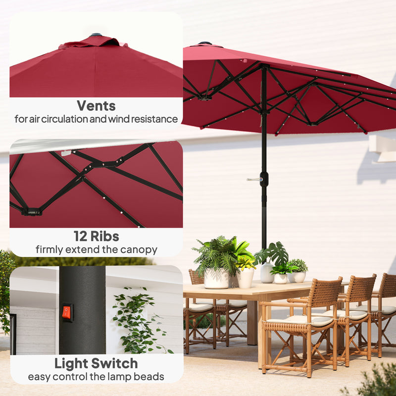 Outsunny - 173.2" Double-Sided Sun Umbrella Garden Parasol Patio Sun Shade Outdoor with LED Solar Light, No Base Included, Wine Red — 84D-106WR