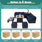 Costway - 9 Pieces Outdoor Wicker Sectional with 35 Inch Gas Fire Pit Table-Navy