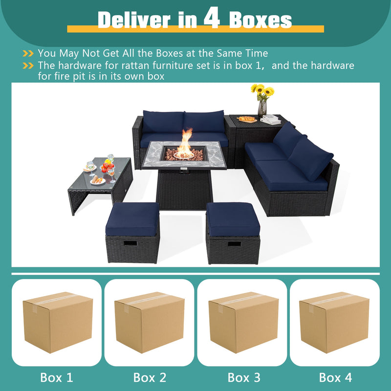 Costway - 9 Pieces Outdoor Wicker Sectional with 35 Inch Gas Fire Pit Table-Navy