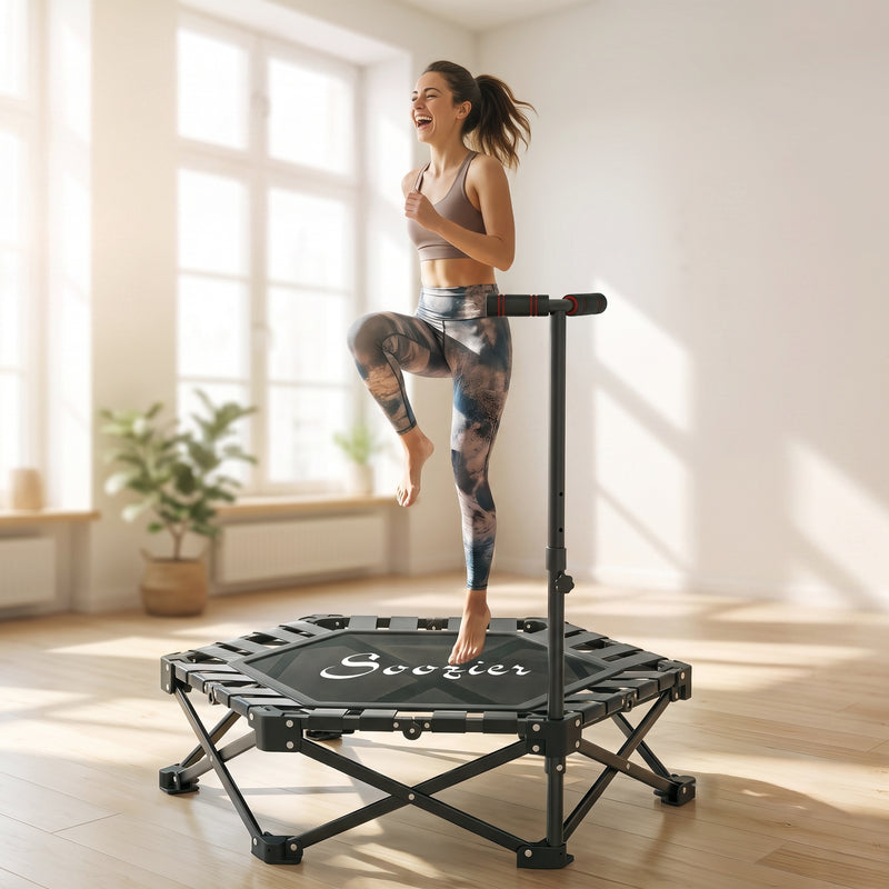 Soozier 42" Foldable Mini Trampoline, One-Step Fold Rebounder Trampoline with Adjustable Foam Handle for Indoor Outdoor Workout