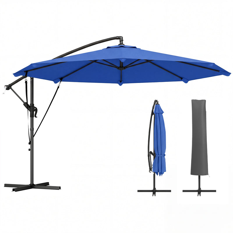 Outsunny - 10FT Cantilever Patio Umbrella with 8 Ribs, Offset Patio Umbrella with Cover and Wind Ropes for Garden, Yard, Navy Blue