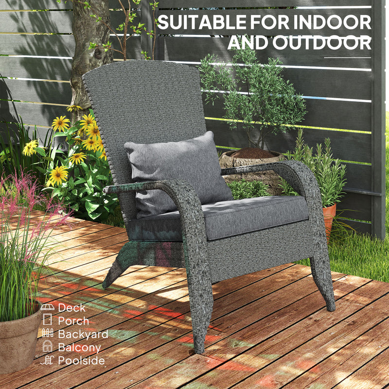 Outsunny - Wicker Adirondack Chair, PE Rattan Outdoor Fire Pit Chair Muskoka Chair with Cushions, Heather Grey