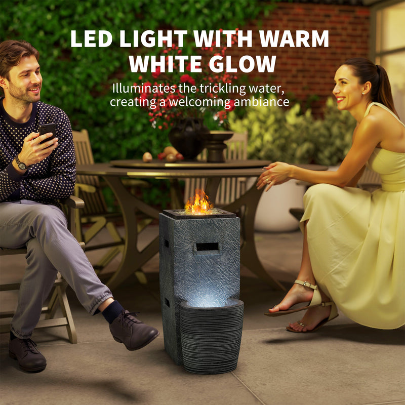 Outsunny - 16.5" x 11" x 22.4" Propane Fire Pit Table with Fountain, 15000 BTU Outdoor Gas Fire Table with LED Light Adjustable Water Flow, Fire Fountain Water with Glass Rocks, Grey