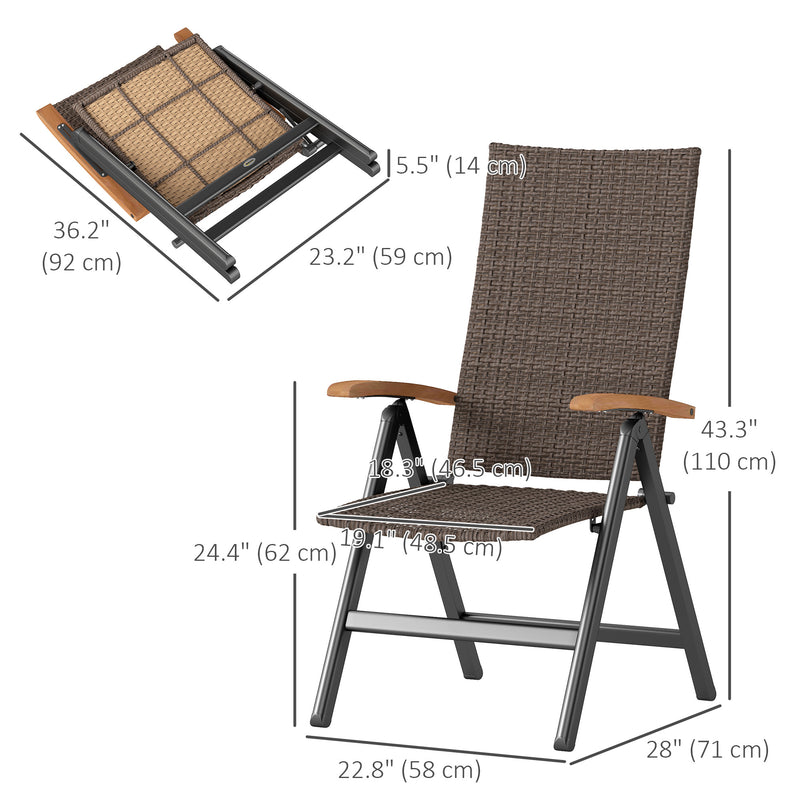 Outsunny - Folding Wicker Patio Dining Chair with 5-level Reclining Back, Wooden Armrests for Outdoor, Garden, Backyard, Brown