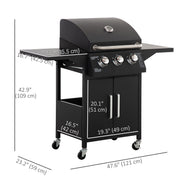 Outsunny - Outdoor 3 Burner Gas Grill Portable Barbecue w/ Wheels, Warming Rack, Shelves, Cabinet, Thermometer, Black