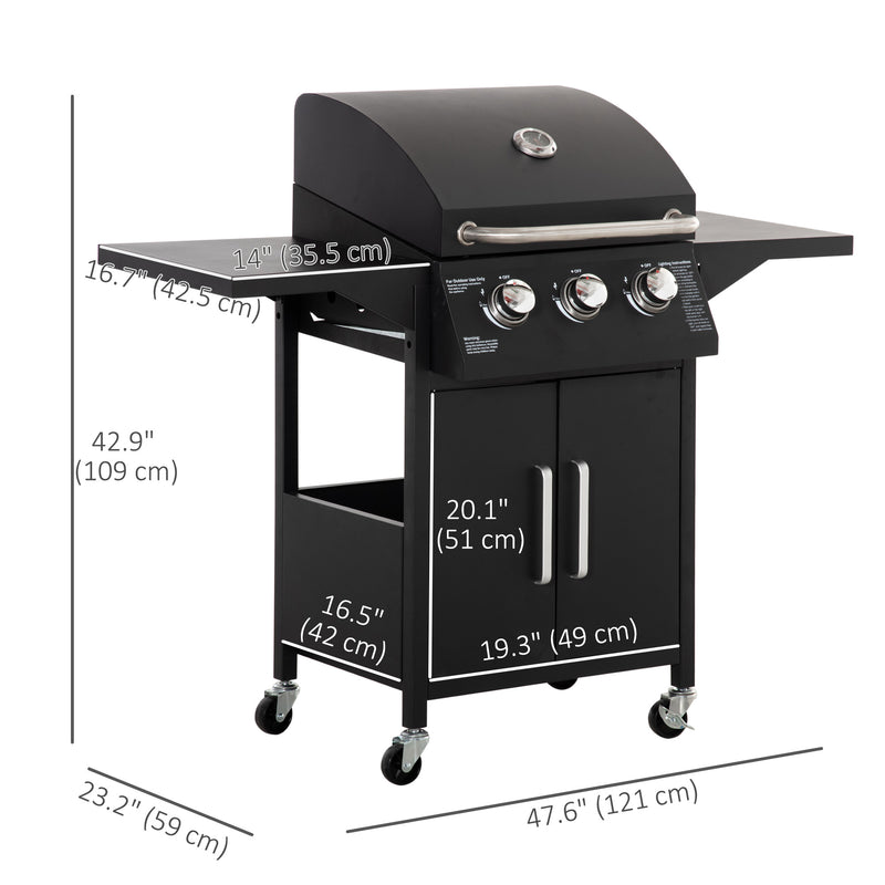 Outsunny - Outdoor 3 Burner Gas Grill Portable Barbecue w/ Wheels, Warming Rack, Shelves, Cabinet, Thermometer, Black