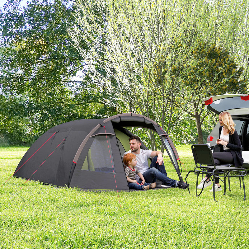 Outsunny - 2-4 Man Camping Tent, 3000mm Waterproof Tunnel Tent with 2 Rooms, Sewn-in Groundsheet, 3 Doors and Hook