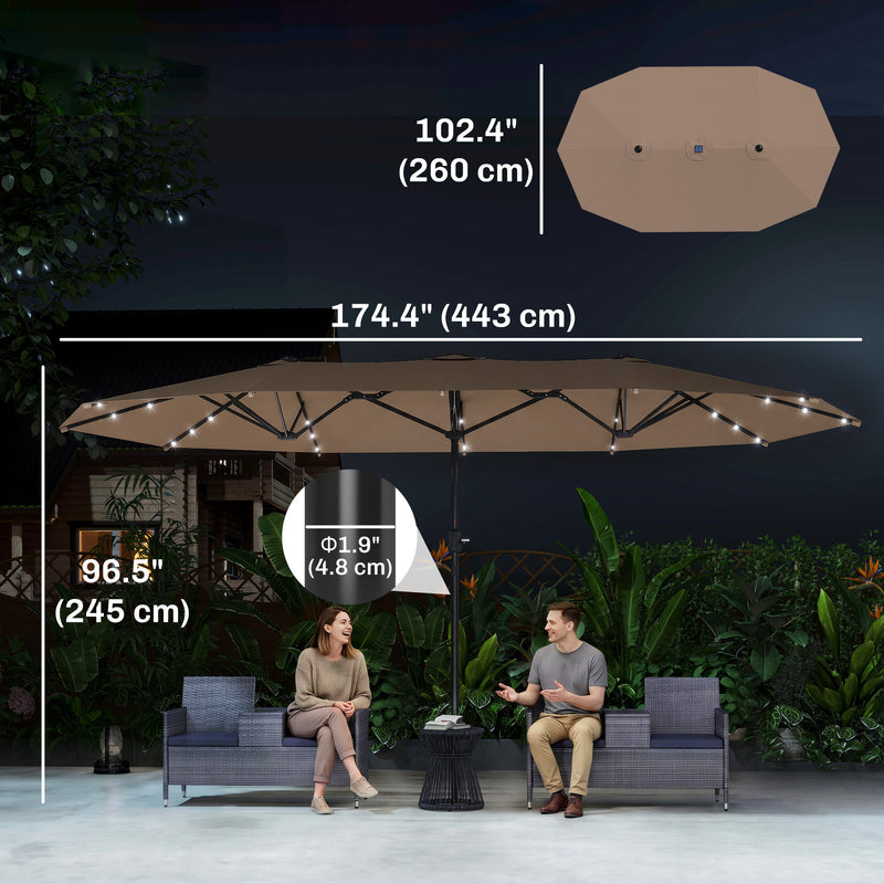Outsunny - 174" Double-Sided Sun Umbrella Garden Parasol Patio Sun Shade Outdoor with LED Solar Light, Khaki — 84D-106CF