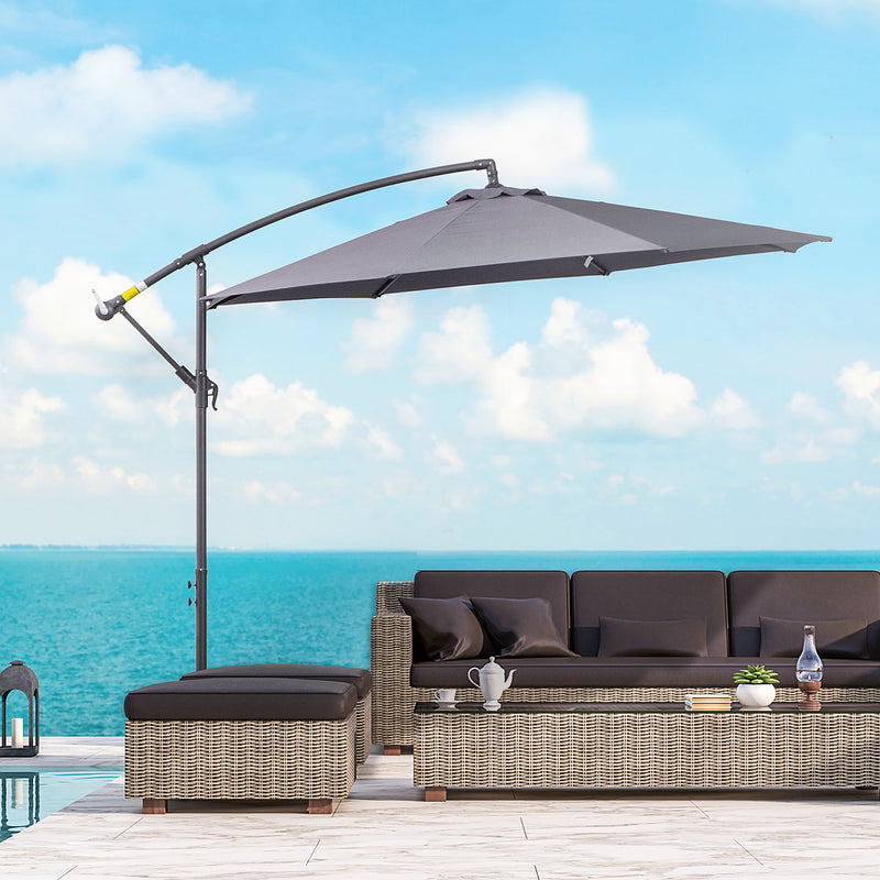 10ft Offset Patio Umbrella with Base, Garden Hanging Parasol with Crank, Banana Cantilever Umbrella Sun Shade, Grey