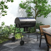 Outsunny - Barrel Charcoal BBQ Smoker, Barbecue with 420 sq.in. Cooking Area, Wheels, Ash Catcher, Black