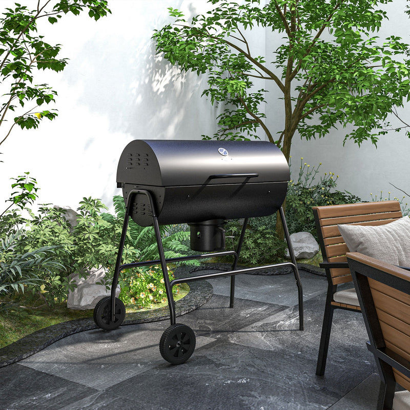 Outsunny - Barrel Charcoal BBQ Smoker, Barbecue with 420 sq.in. Cooking Area, Wheels, Ash Catcher, Black