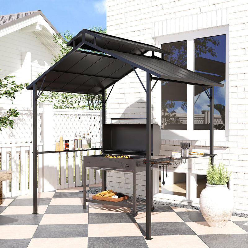 Outsunny - 8 x 5ft Hardtop Grill Gazebo with Double Metal Roof, 2 Side Shelves and 10 Hooks for Patio Backyard Lawn Deck