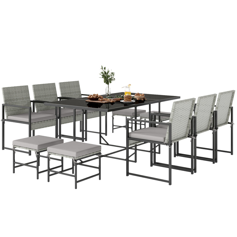 Outsunny - 11 Pieces Wicker Patio Dining Set, Rattan Outdoor Furniture Set with 6 Armchairs, 4 Stools, Light Grey