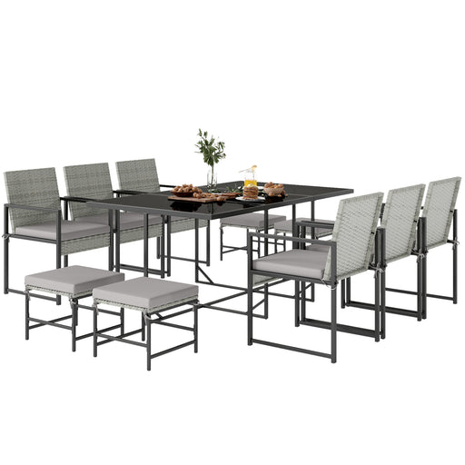 Outsunny - 11 Pieces Wicker Patio Dining Set, Rattan Outdoor Furniture Set with 6 Armchairs, 4 Stools, Light Grey