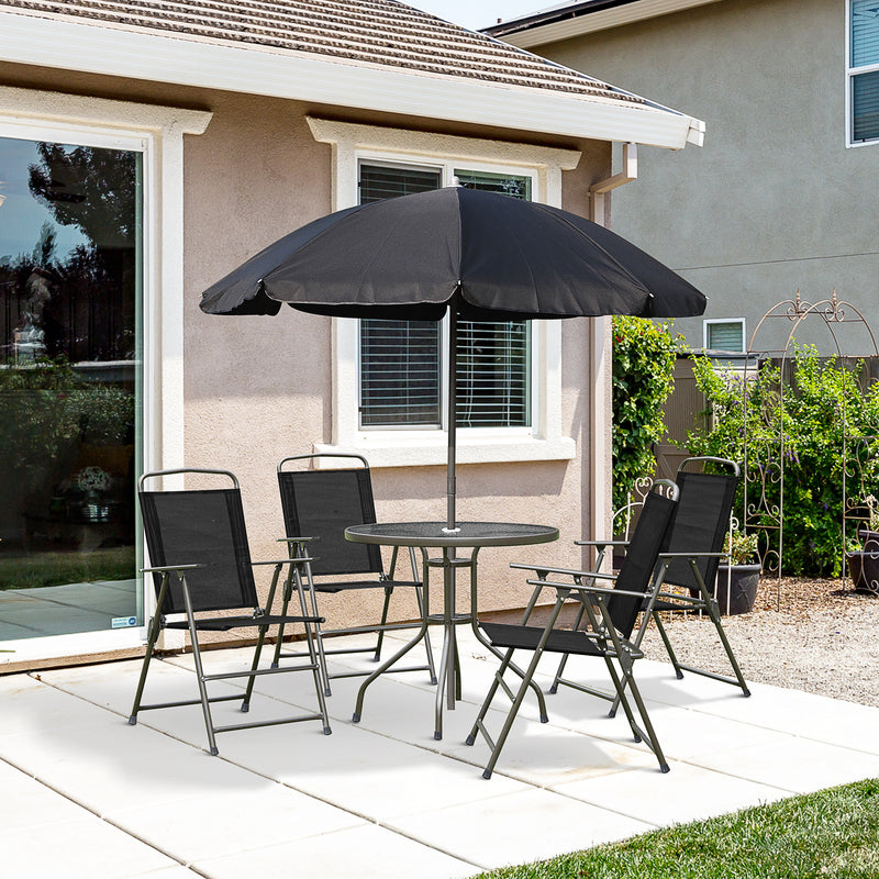 Outsunny - 6 Pieces Outdoor Dining Set for 4 with Umbrella Patio Outdoor Furniture Set with Round Table 4 Folding Chairs Black