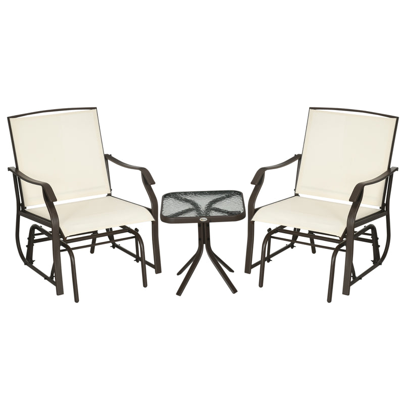 Outsunny - 3 Piece Patio Glider Set Outdoor Gliders with Breathable Mesh Seat, Glass Top Table for Garden, Yard, Cream White