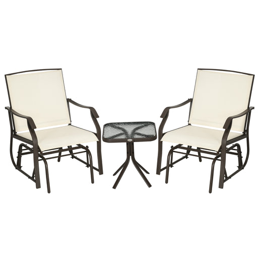 Outsunny - 3 Piece Patio Glider Set Outdoor Gliders with Breathable Mesh Seat, Glass Top Table for Garden, Yard, Cream White