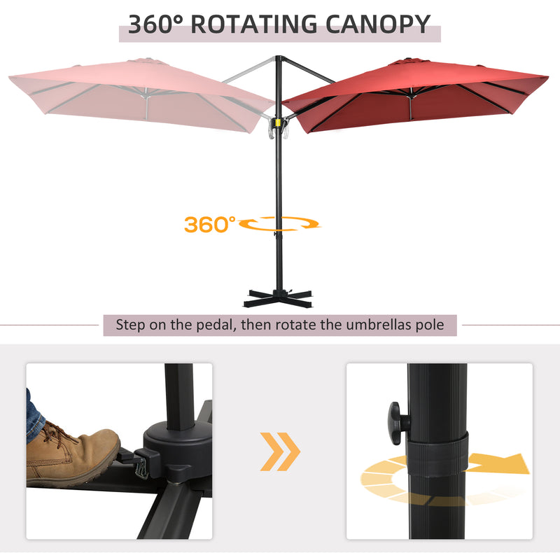 Outsunny - 8' x 8' Square Patio Hanging Offset Umbrella with 360° Rotation, Aluminum Outdoor Cantilever Parasol with Crank & Tilt, Sun Canopy Shelter with Cross Base, Wine Red — 84D-051V00WR
