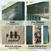 6.5x4FT Galvanised Metal Shed with Foundation Kit, Lockable Garden Tool Storage House with Sliding Doors, Vents, Green