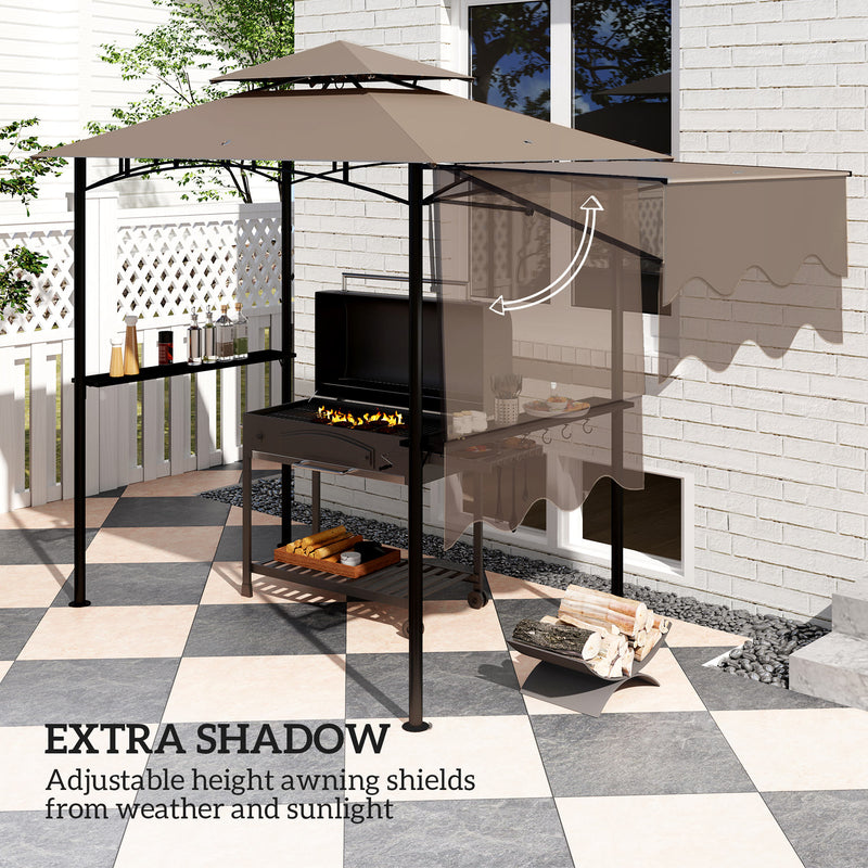 Outsunny - 8' x 5' Grill Gazebo, Double Tiered Barbecue Grill Gazebo Shelter with Side Awning, 2 Side Shelves, 6 Hooks, Khaki