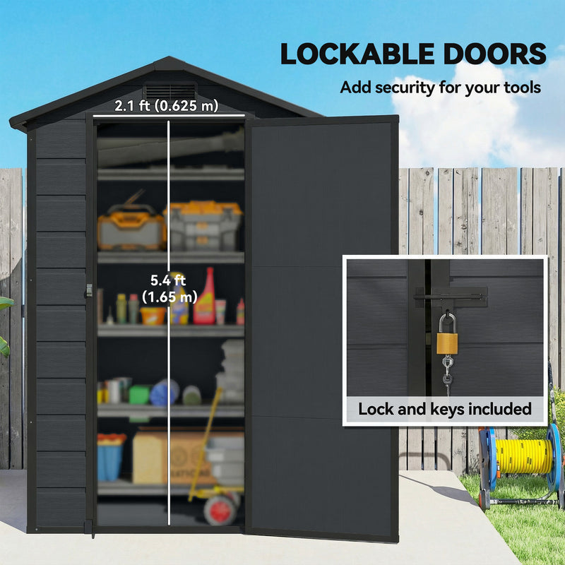 4' x 3' Plastic Garden Shed with Floor, Outdoor Small Shed with Lockable Door, Window and Vent, Dark Grey