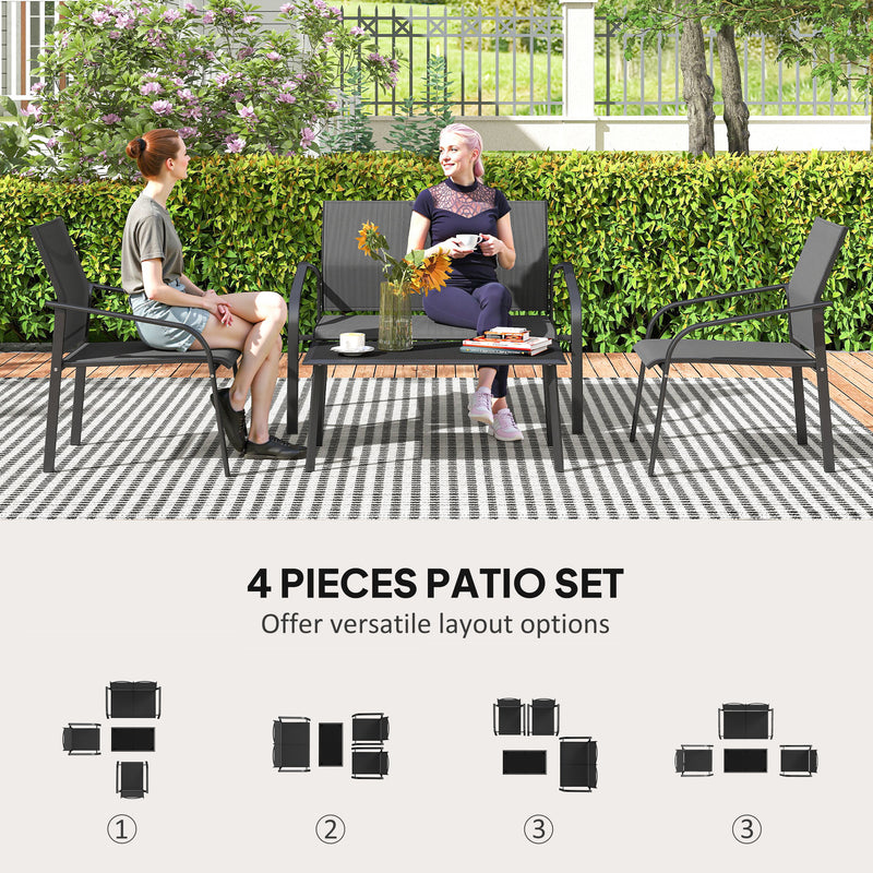 Outsunny - 4 Piece Patio Furniture Set, Outdoor Conversation Set with Deep Seat, Loveseats, Armchairs, Glass-Top Table, Black