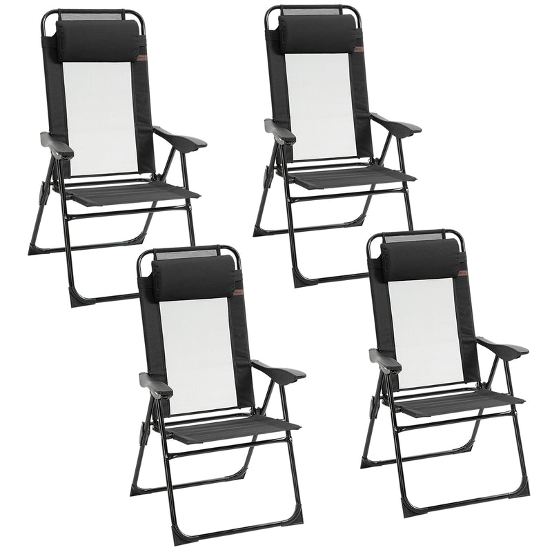 Outsunny - Set of 4 Camping Chairs, Outdoor Folding Lounge Chair Set with 5 Level Adjustable Backrest, Removable Headrest, Armrest for Camping, Backyard, Black