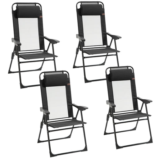 Outsunny - Set of 4 Camping Chairs, Outdoor Folding Lounge Chair Set with 5 Level Adjustable Backrest, Removable Headrest, Armrest for Camping, Backyard, Black