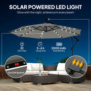 9.7 ft Cantilever Patio Umbrella with Solar Light, Garden Hanging Parasol with Cover, Tilt, Crank, Grey