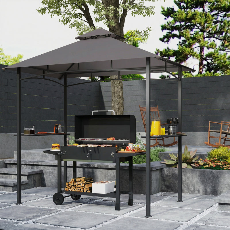Outsunny - 8' x 5' BBQ Grill Gazebo Tent with Double Tiered Canopy for Outdoor Sun Shade, Dark Grey