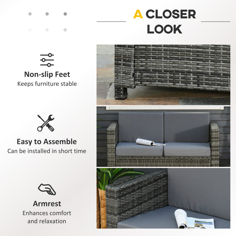 Outsunny - 2 Seat Patio Loveseat Deluxe Wicker Sofa Chair Outdoor Rattan Furniture Couch All Weather with Cushion for Balcony, Deck, Garden and Poolside, Grey