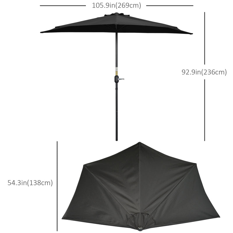 Outsunny - 9ft Half Round Umbrella Outdoor Patio Garden Balcony Parasol Window Sun Shade w/ 5 Ribs, Black — 84D-007V00BK
