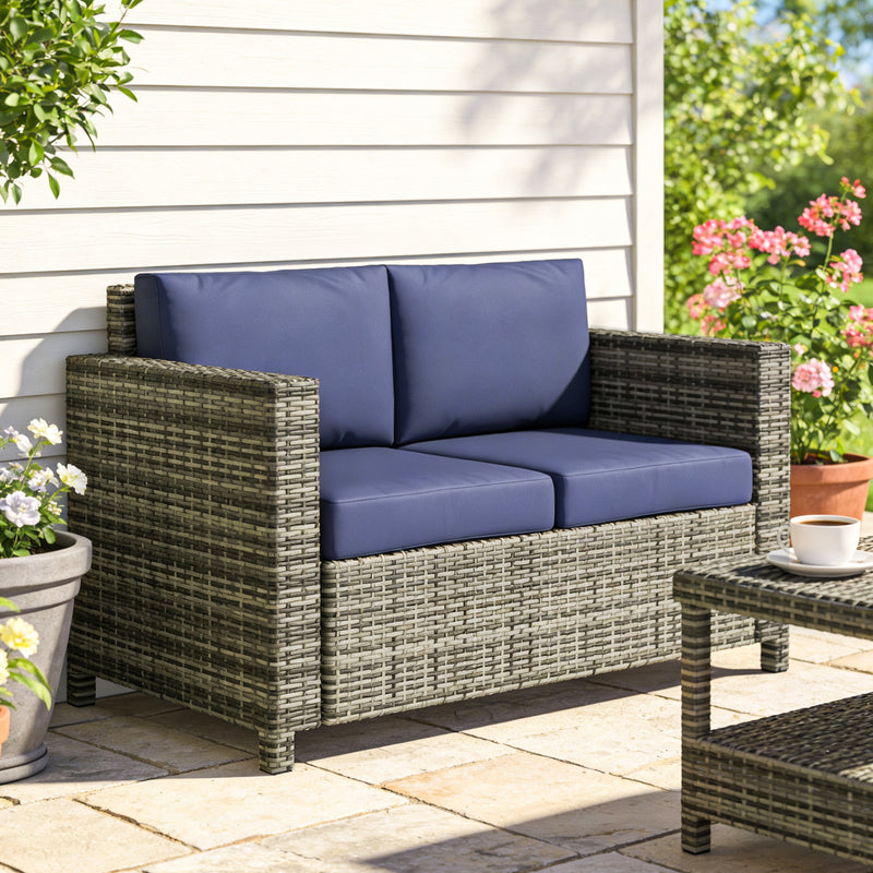 Outsunny - Wicker Outdoor Sofa, All Weather Patio Couch Loveseat with Cushions for Balcony, Deck, Garden, Poolside, Dark Blue