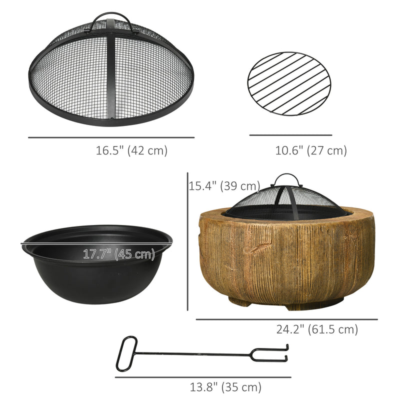 Outsunny - Outdoor Fire Pit, 24 Inch Metal Wood Burning Fireplace with Spark Cover, Poker, Woodgrain Design, Light Brown