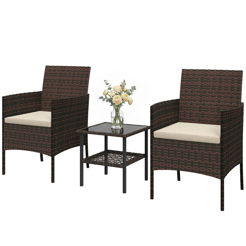Outsunny - Wicker Bistro Set, 3 Piece Patio Furniture Set with 2-Tier Glass Top Table, Cushions for Balcony, Porch, Khaki