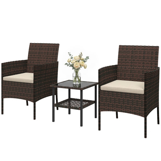 Outsunny - Wicker Bistro Set, 3 Piece Patio Furniture Set with 2-Tier Glass Top Table, Cushions for Balcony, Porch, Khaki