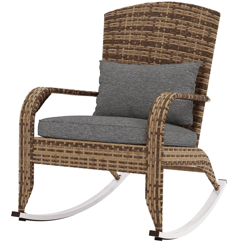 Outsunny - Adirondack Chair, Outdoor Wicker Rocking Chair with High Back, Seat Cushion and Pillow for Porch, Balcony, Grey/Yellow
