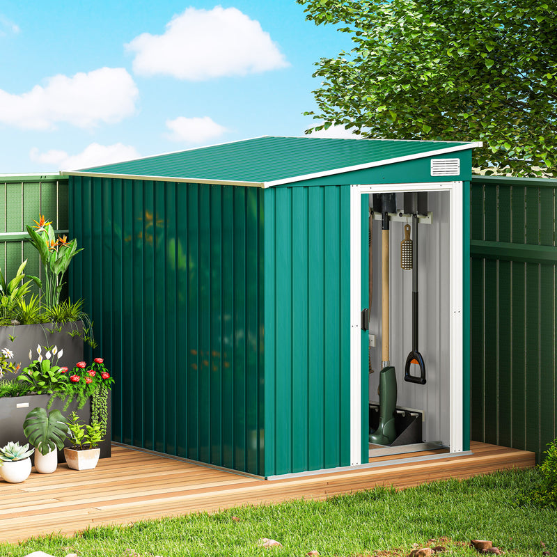 5'x7' Lean-to Galvanized Metal Shed with Foundation, Garden Tool Storage House with Sliding Door and 2 Vents, Green