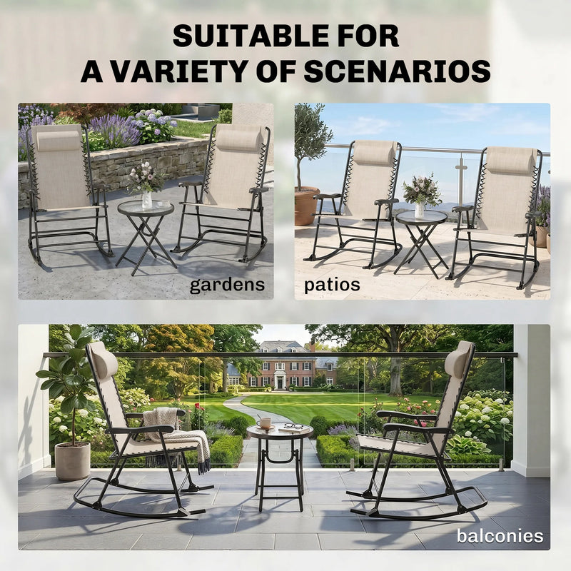 Outsunny - 3pc Patio Rocking Chair Set, Folding Outdoor Rocking Chairs and Table Bistro Set w/ Breathable Mesh Seat & Backrest, Headrest for Park, Backyard, Garden, Cream White