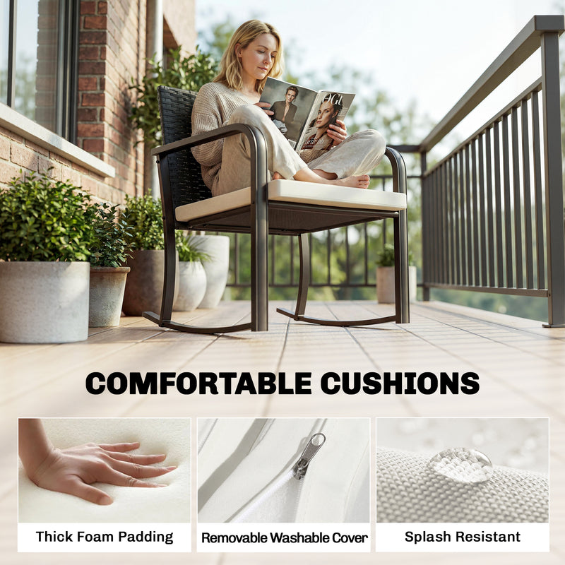 Outsunny - 3 Pieces Rocking Bistro Set Outdoor Patio Furniture Set with Cushions, Glass Coffee Table for Balcony, Cream White
