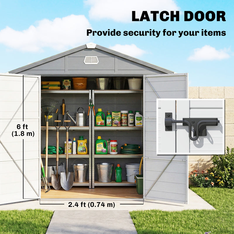 8' x 6' Plastic Garden Storage Shed with Latch Door, Vents, Sloped Roof, Dark Grey