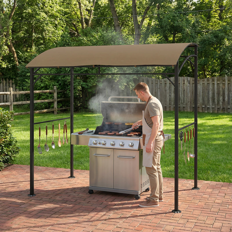 Outsunny - 7' x 5' Garden Grill Canopy, BBQ Grill Gazebo Tent with Steel Frame and Hooks, Outdoor Sun Shade, Dark Coffee