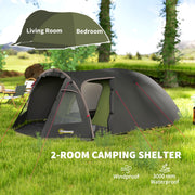 Outsunny - 2-4 Man Camping Tent, 3000mm Waterproof Tunnel Tent with 2 Rooms, Sewn-in Groundsheet, 3 Doors and Hook